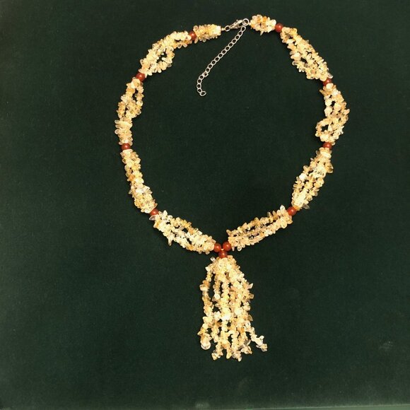 BRAZILIAN CITRINE CHIP, 8MM ROUND RED AGATE BEAD STERLING SILVER TASSEL NECKLACE - Picture 1 of 4